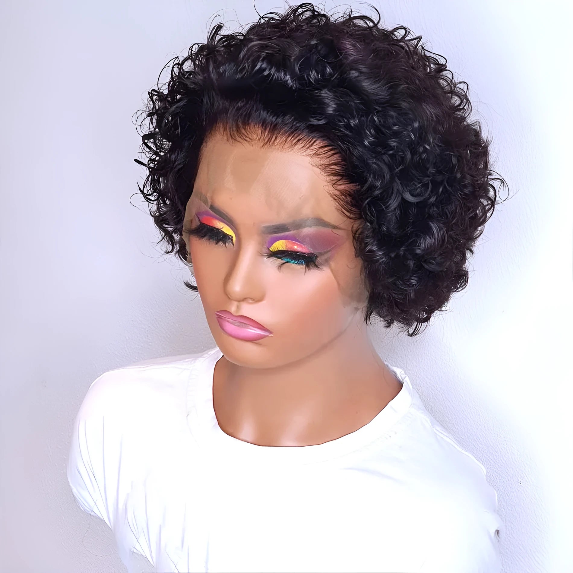 Black human hair lace front pixie wig on a mannequin head