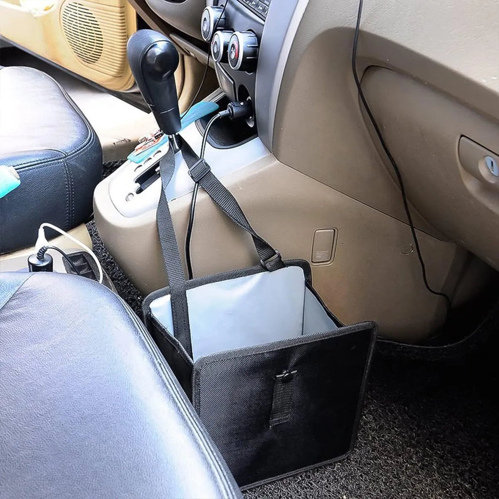 Black car folding trash can with Oxford cloth waterproof construction and hanging design