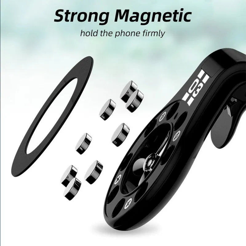 Black magnetic car phone holder with perfume slices, clipped on a car air vent