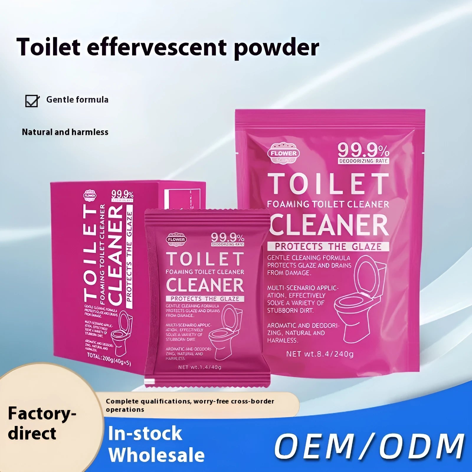 Box and sachets of effervescent toilet bubble powder cleaner in blue and pink variants.