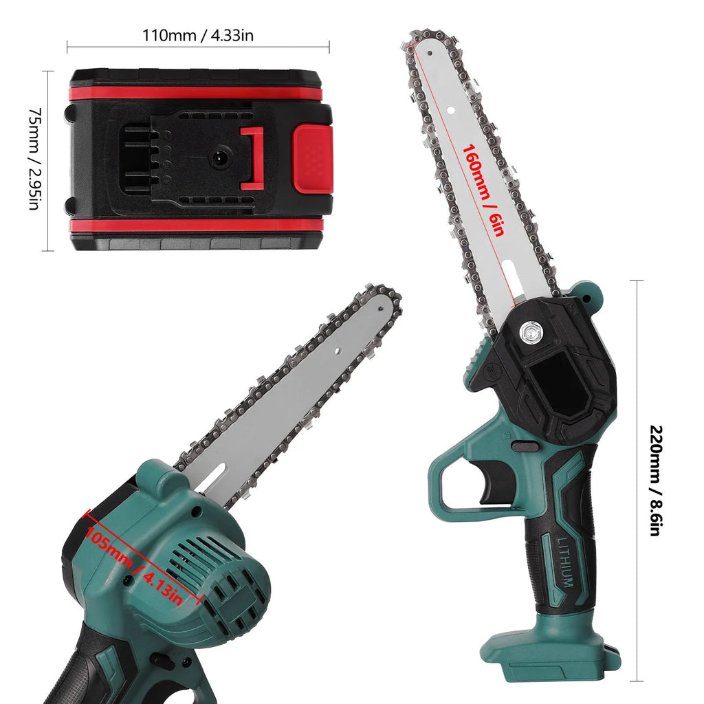 Black one-hand mini electric chainsaw with a 4-inch guide bar on a workbench.