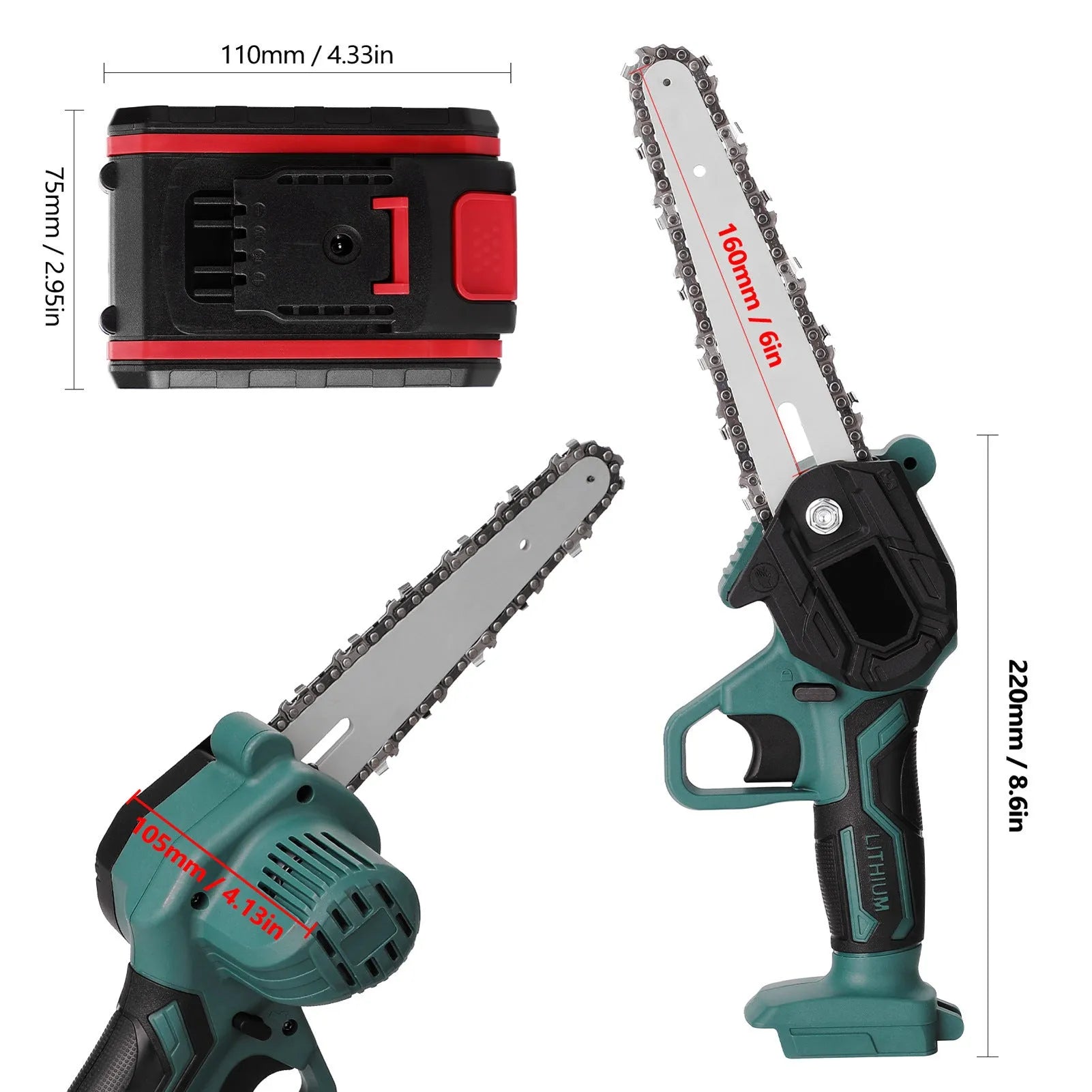 Black one-hand mini electric chainsaw with a 4-inch guide bar on a workbench.
