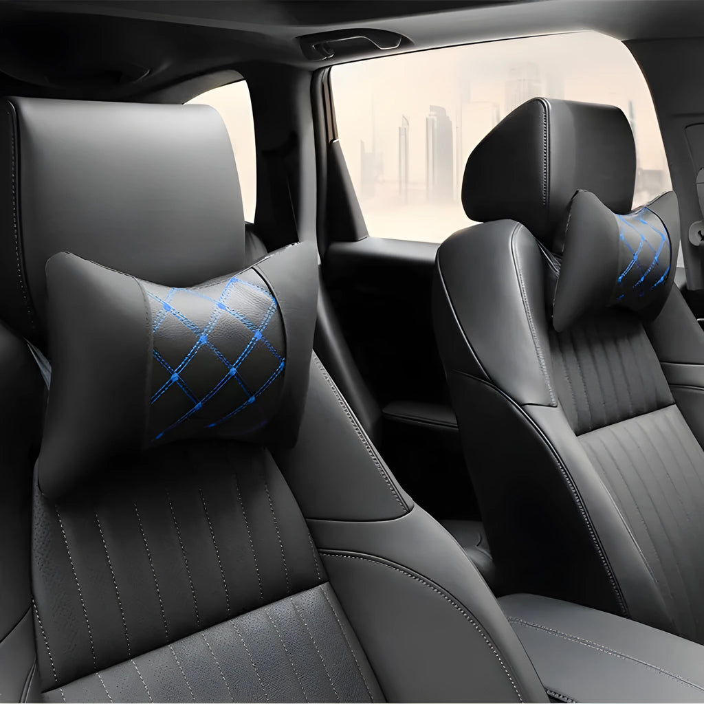 Black quilted diamond pattern car headrest pillow for cervical neck support.