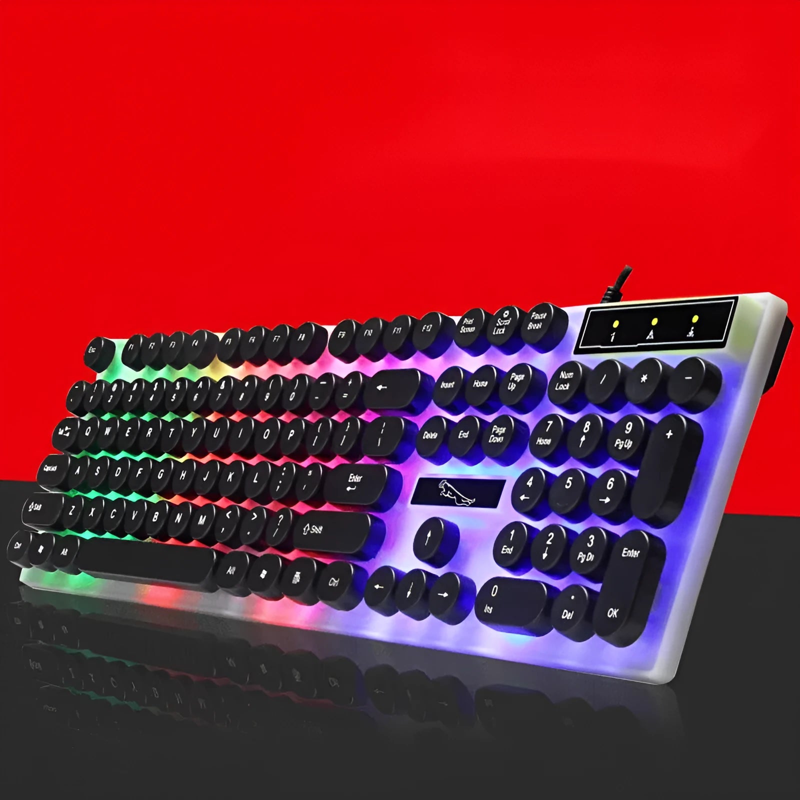 Black or white waterproof RGB gaming keyboard with 104 keys and USB cable