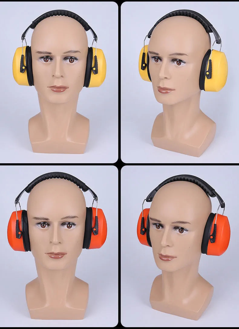 Orange head-mounted noise-cancelling earmuffs with an adjustable elastic headband on a grey background.
