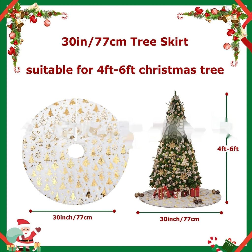 Plush Christmas tree floor mat with gilding snowflake design in one of four sizes.