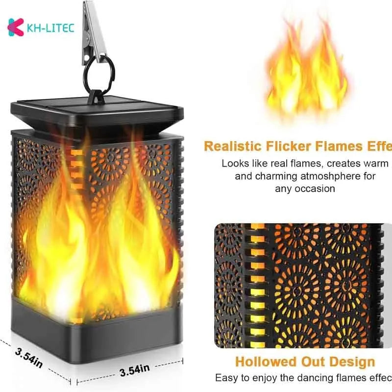 Four black solar-powered hanging lanterns with flame effect LED for garden decoration