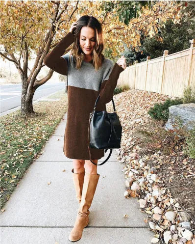 Brown women's polar fleece sweater dress with patchwork detailing and princess dress silhouette