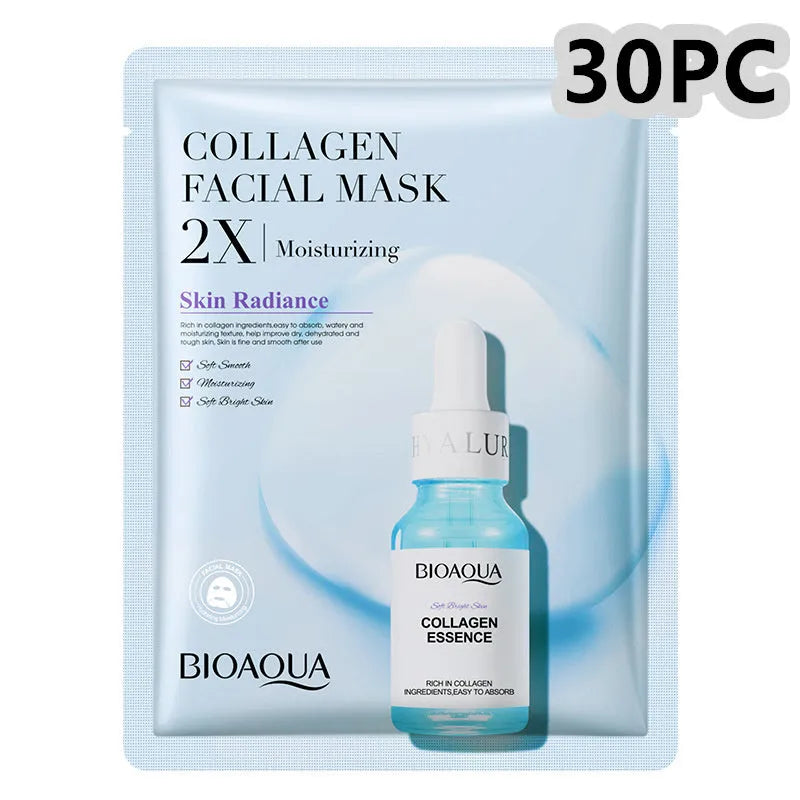 Collagen and hyaluronic acid facial sheet mask in 30g gel pack for skincare treatment