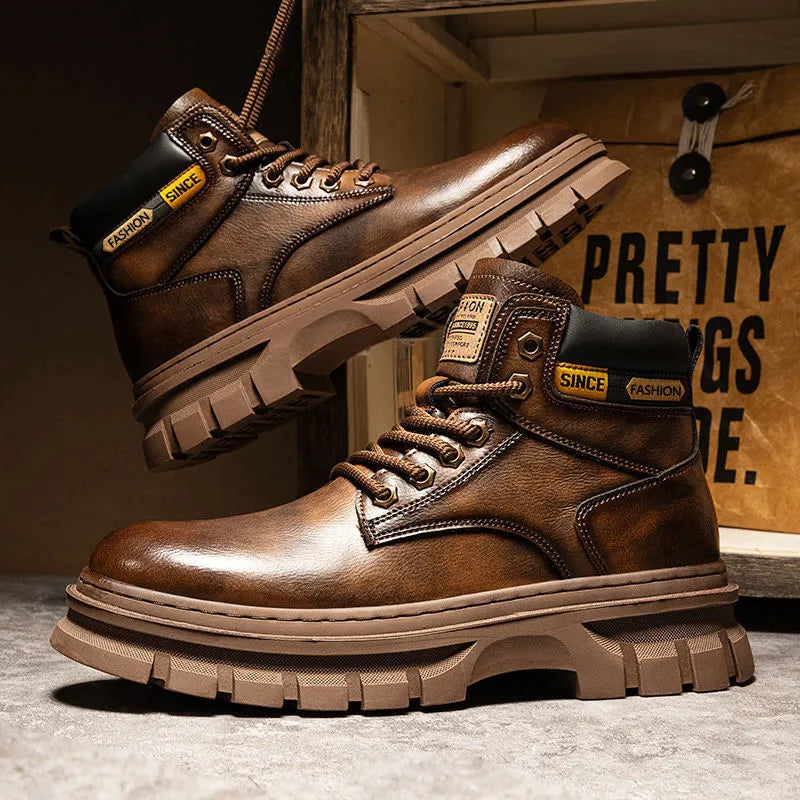 Men's brown Martin boots with lace-up front, round toe, and rubber sole.