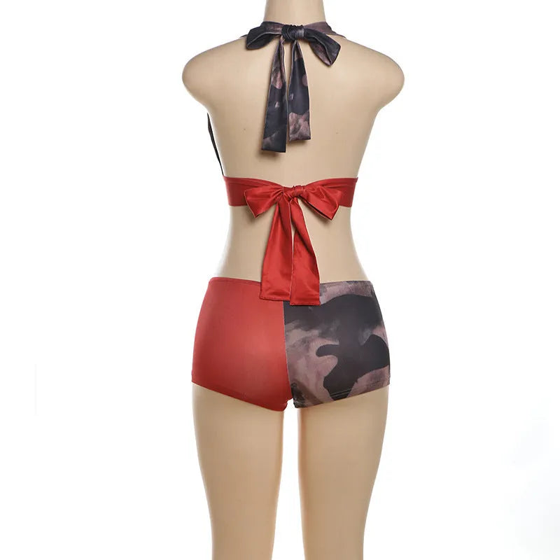 Red women's high waist hip lift bikini set with 3D printed pattern on polyester fabric.