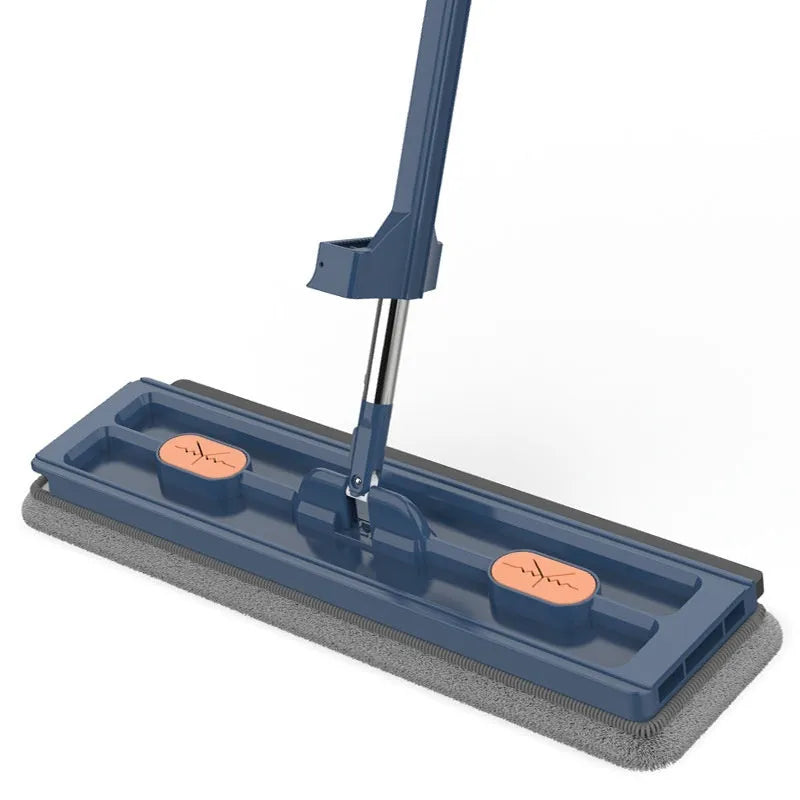 Large flat mop with blue cloth on stainless steel telescopic handle showing rotating head mechanism