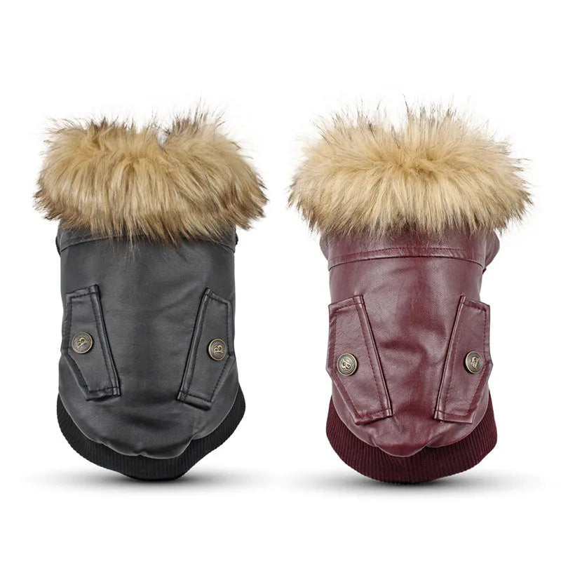 British style leather dog coat with fur collar in black or wine red colour options