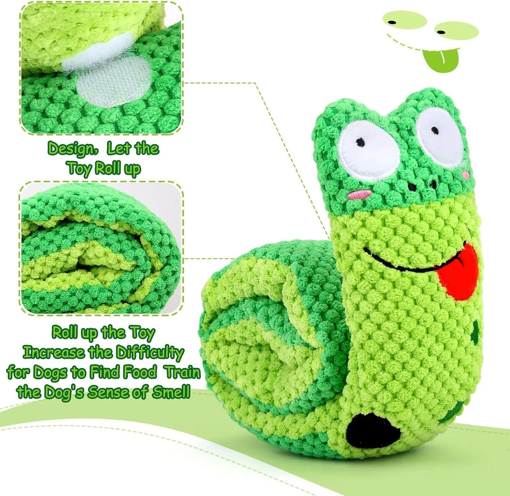 Reversible squeak dog snuffle toy in snail shape with hidden food holes, made of thick green velvet.