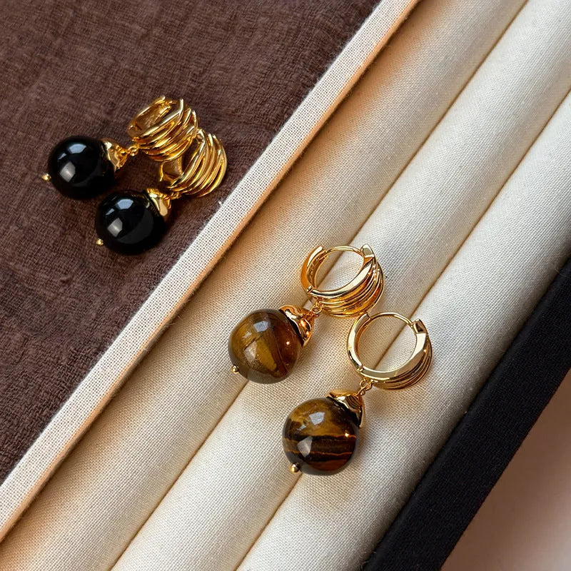 Geometric tigereye stone hoop earrings with real gold plating in French retro style