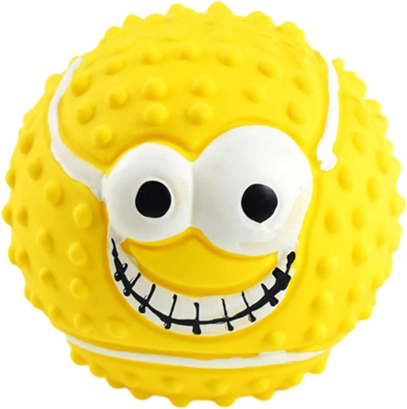 Green, orange, and yellow squeaky latex dog balls with smiley faces for pet play.