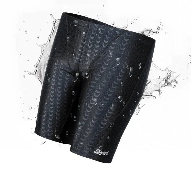 Men's solid colour waterproof polyester swimming trunks for beach and surf, shown in larger sizes.