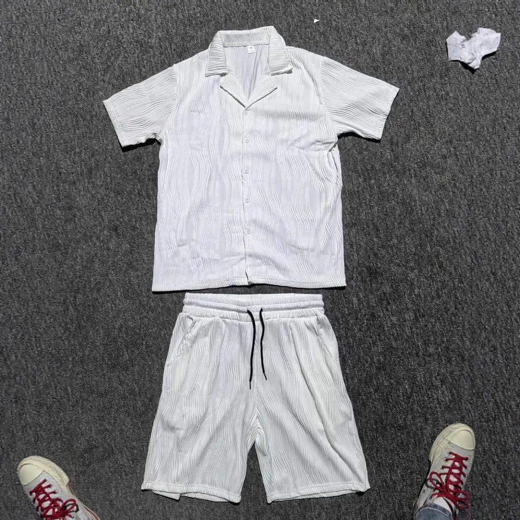 Men's black wave pattern short sleeve shirt and matching shorts casual summer suit