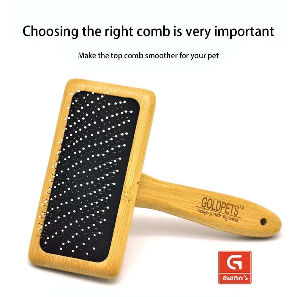 Goldpets bamboo slicker brush with wooden handle and stainless steel pins for grooming cats and dogs.