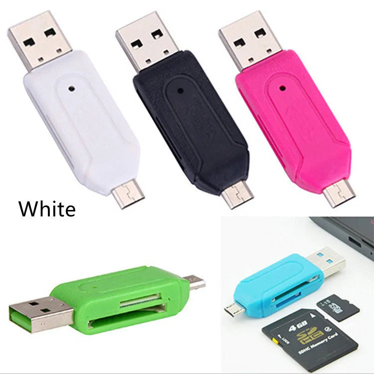 White OTG card reader with micro USB plug for Android phones and computers, with SD and TF card slots.
