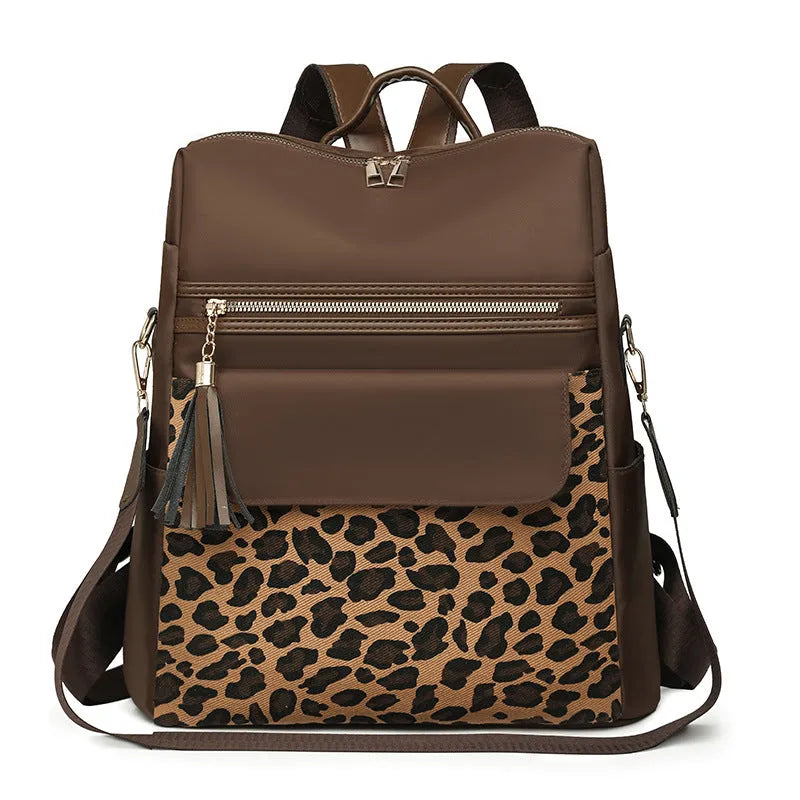 Leopard print women's large capacity nylon backpack in beige with stitching details