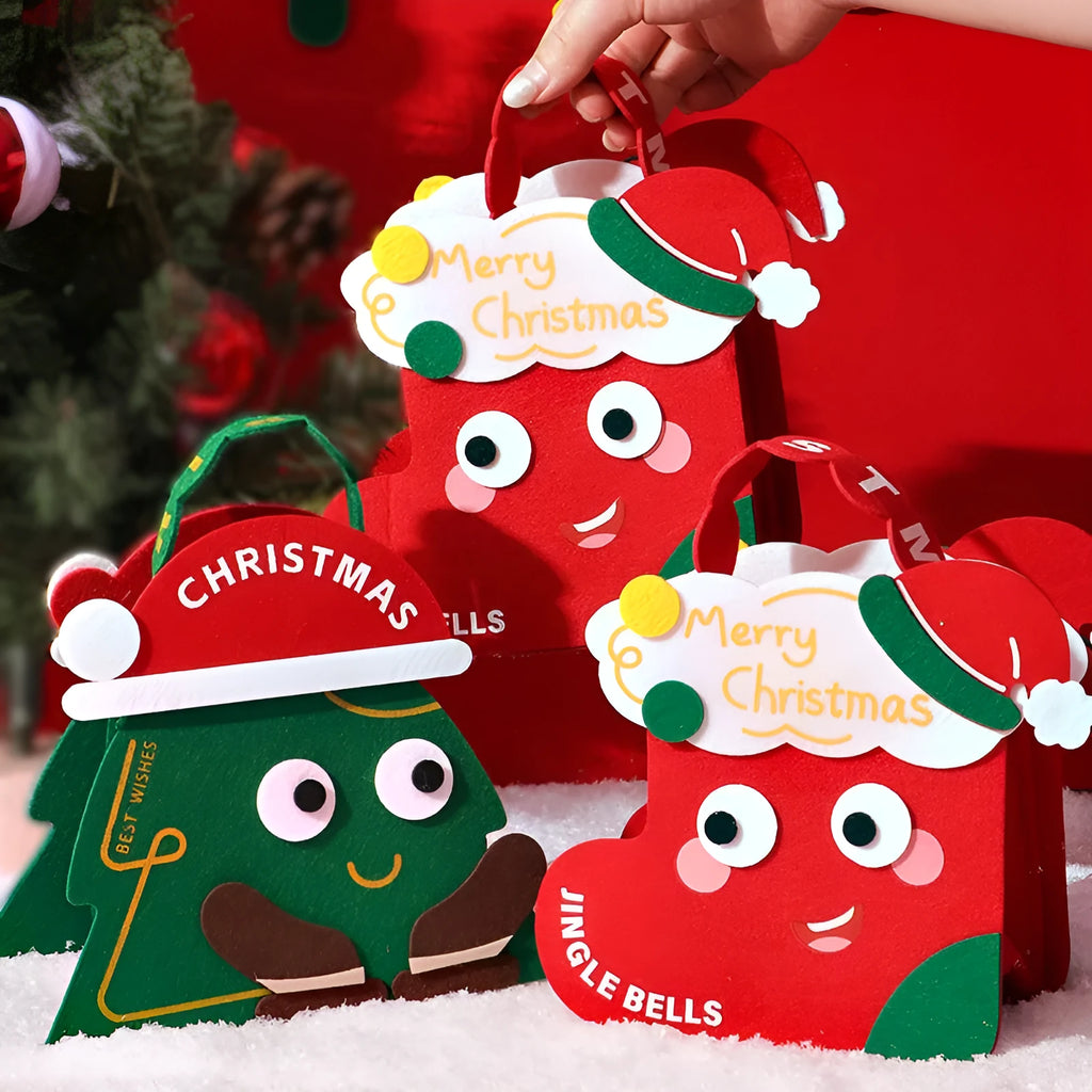 Christmas gift felt bag in green with cartoon design, used for gift packaging