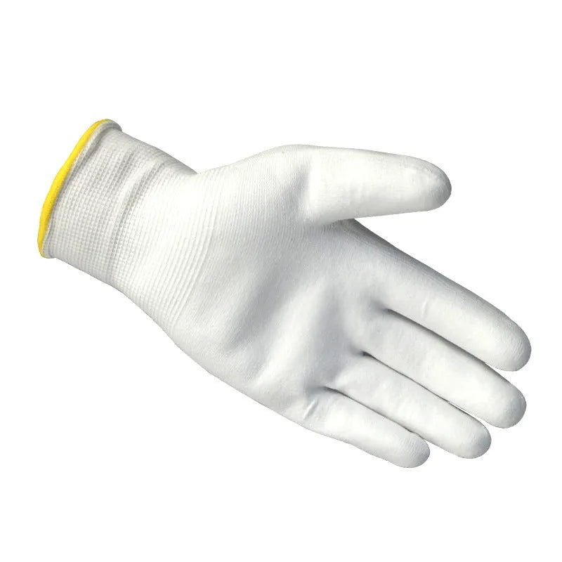 White PU coated labour gloves showing wrist length and flexible construction