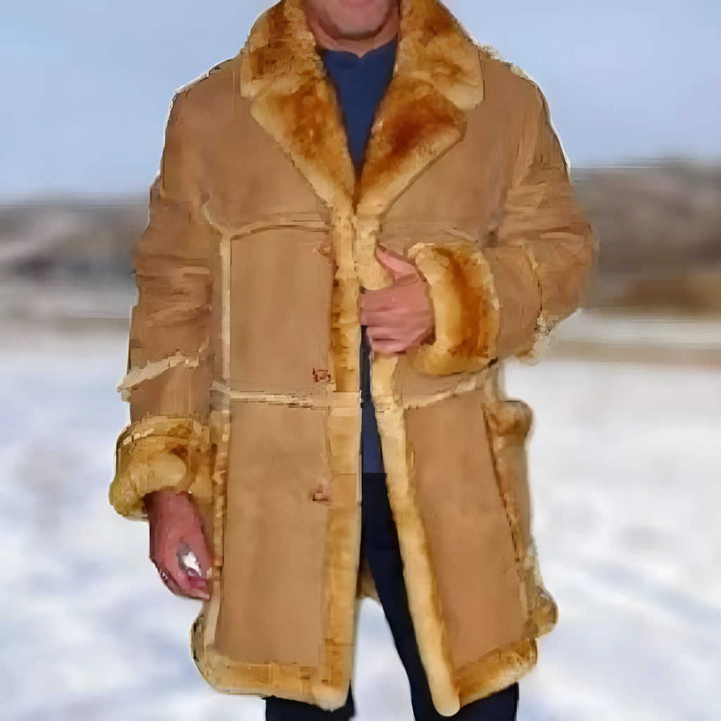 Men's warm plush-lined coat in yellow with slim fit, long sleeves, polyester fabric, front view