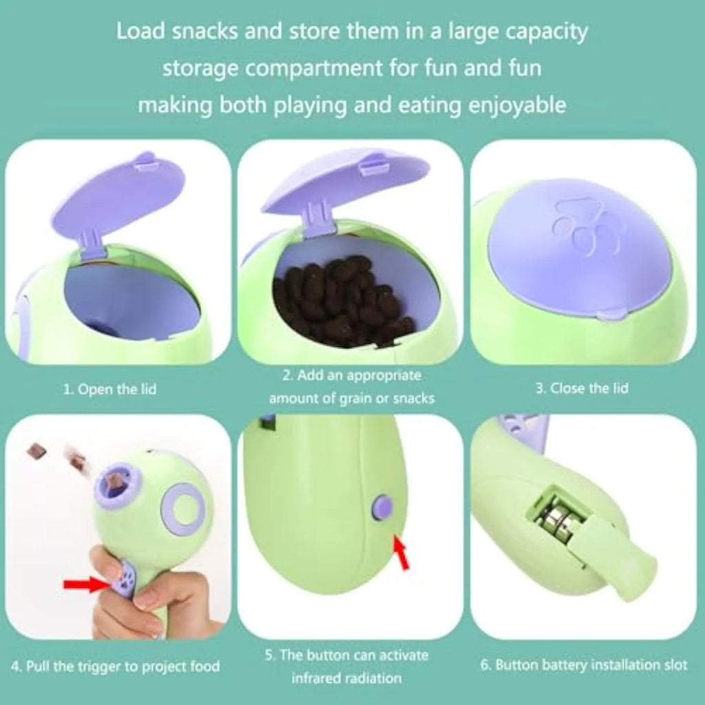 Green, orange, and pink dog treat launcher toy for interactive feeding and training.