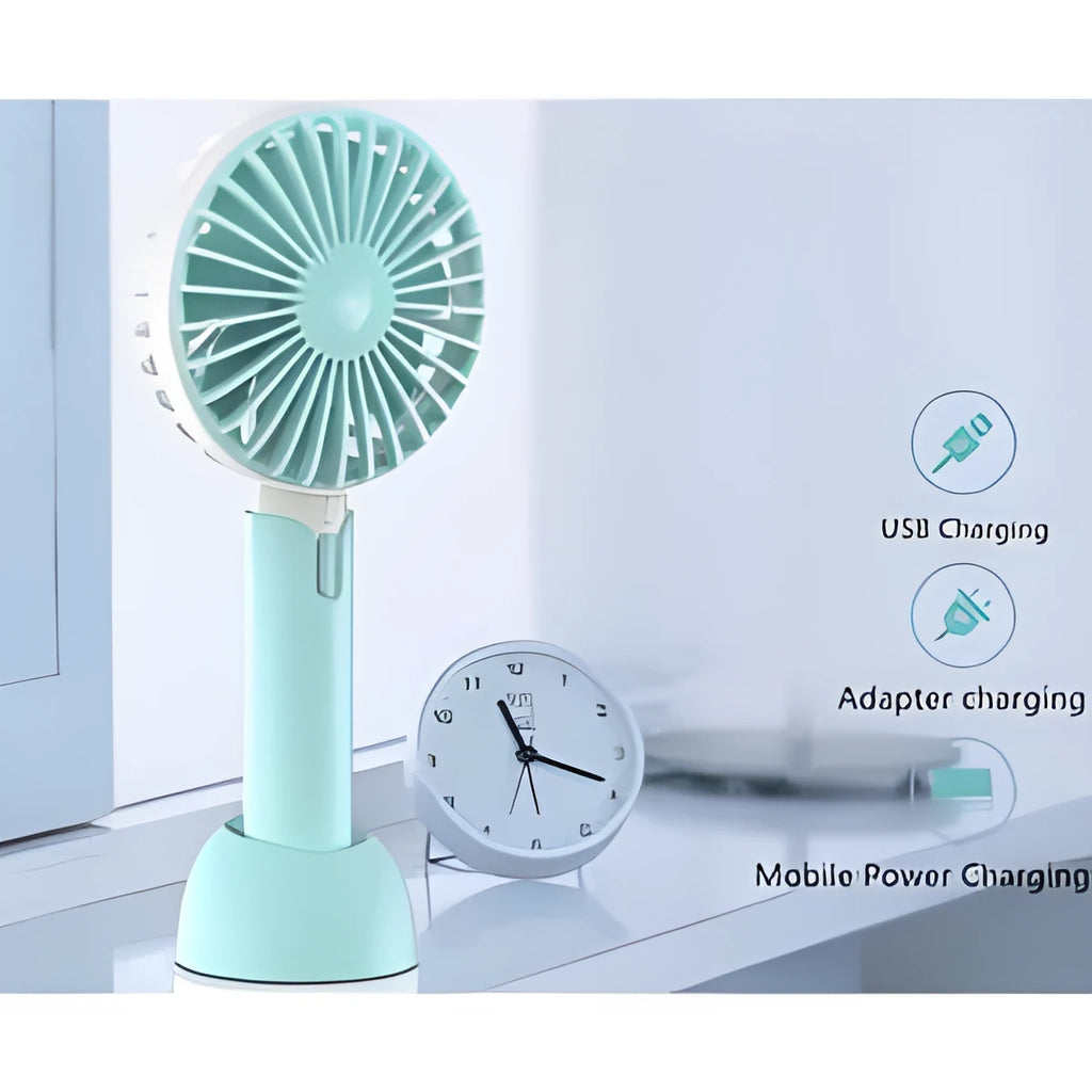 Blue handheld mini USB electric fan with three-speed control and oscillating head