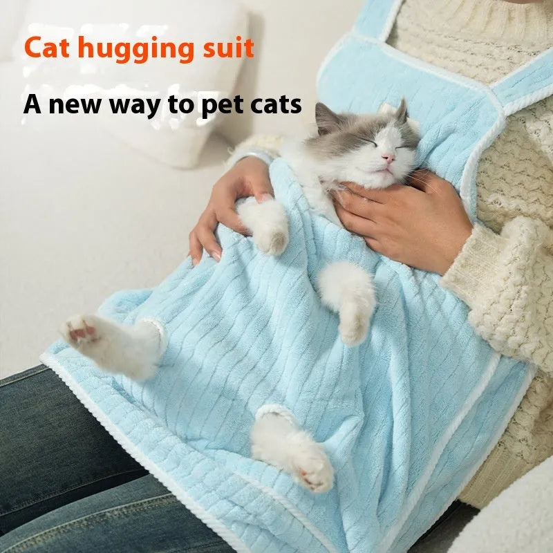 Cat petting apron in multiple colour options including pink, light blue, and striped patterns for grooming protection