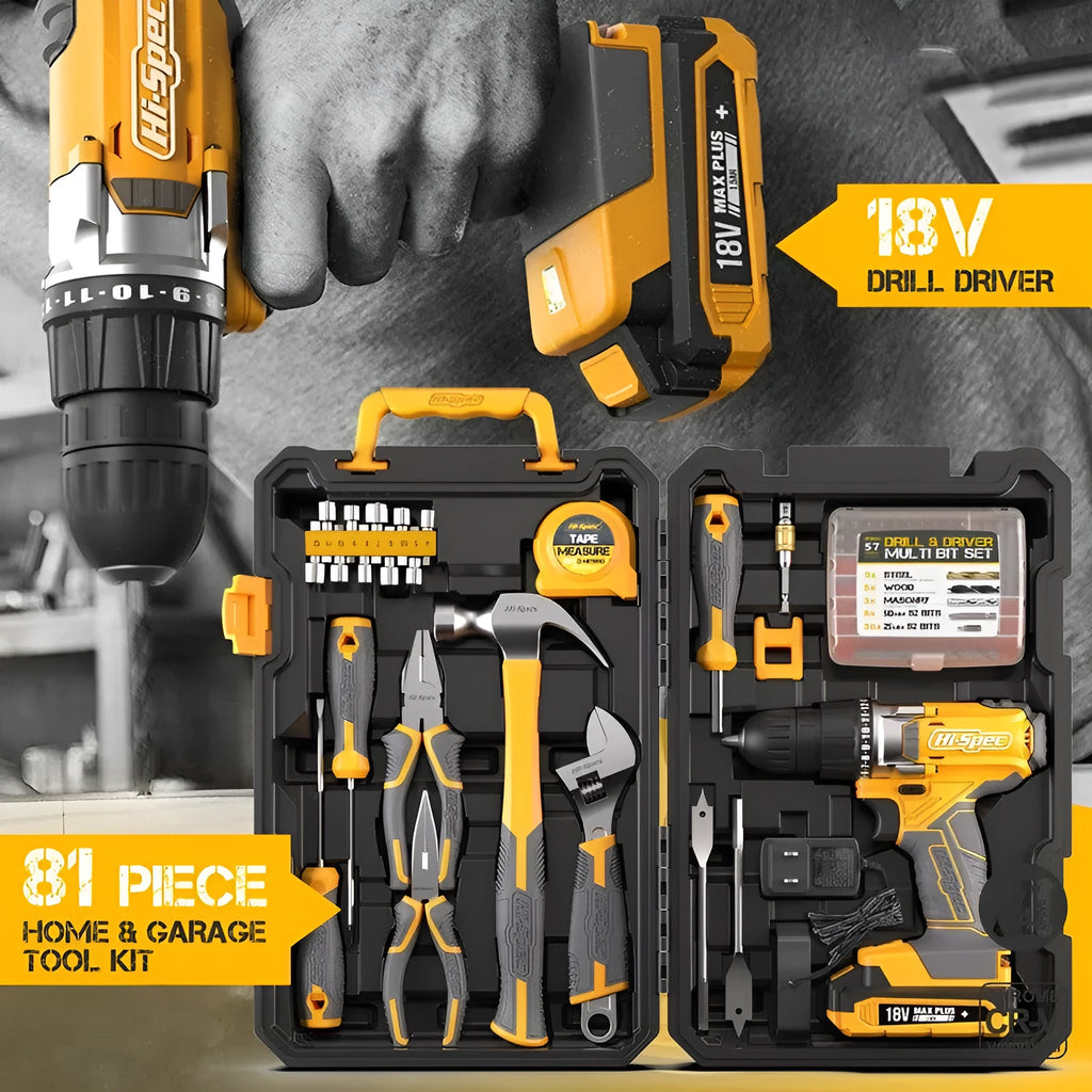 Grey yellow case open to show 82-piece chrome-vanadium steel home repair tool kit for furniture assembly.