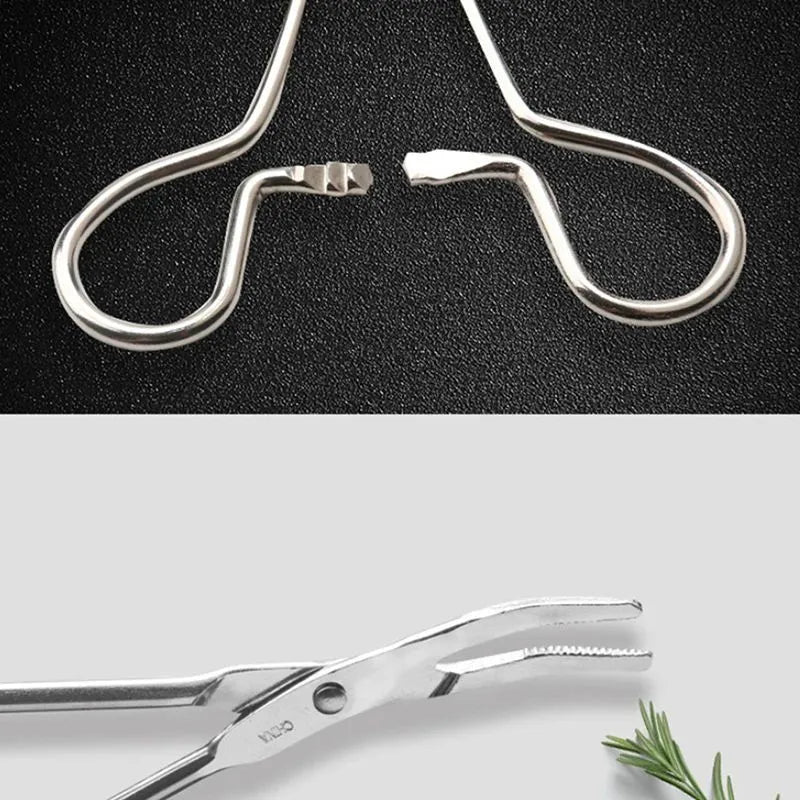 Silver stainless steel pet ear tweezers with ergonomic anti-slip handle for dog and cat ear hair removal.