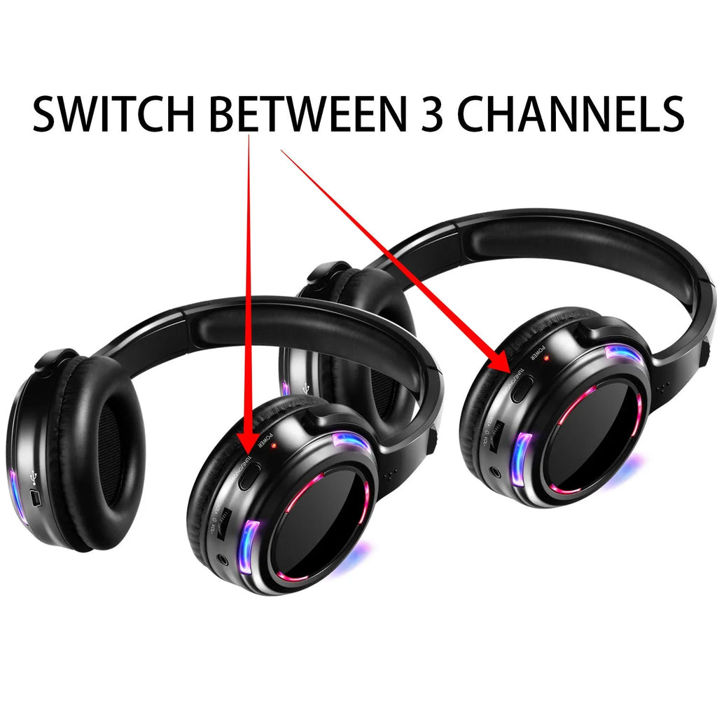 Black wireless silent disco headphones with LED light-up disco ball design on headset
