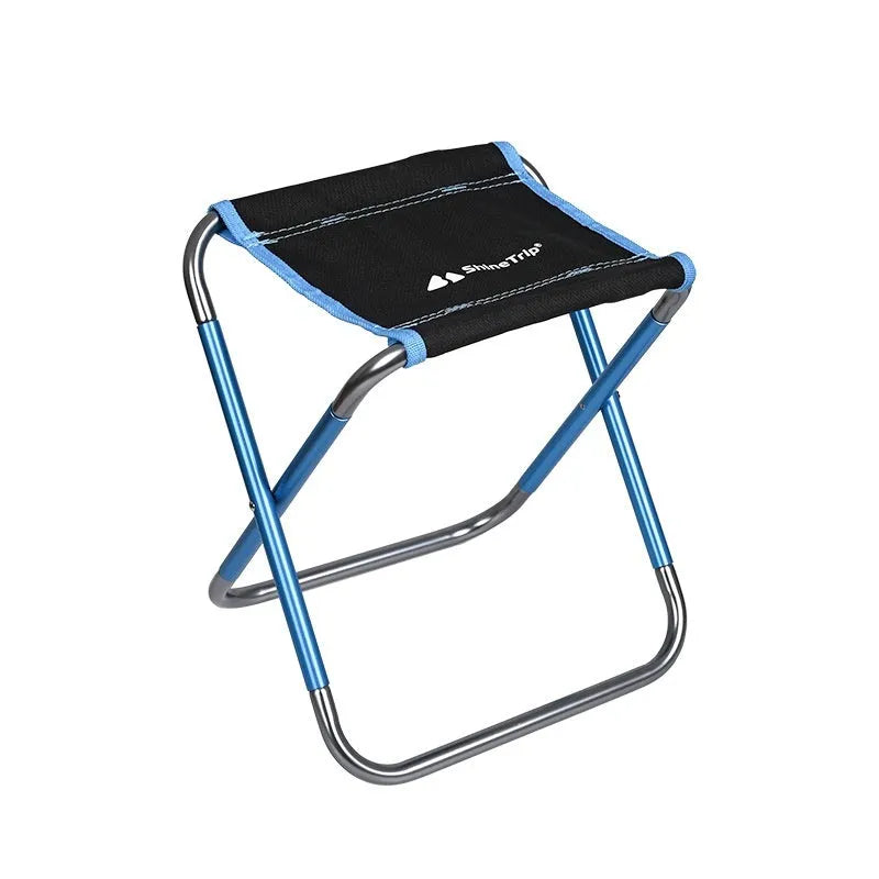 Black aluminium alloy folding camping stool in folded and unfolded positions