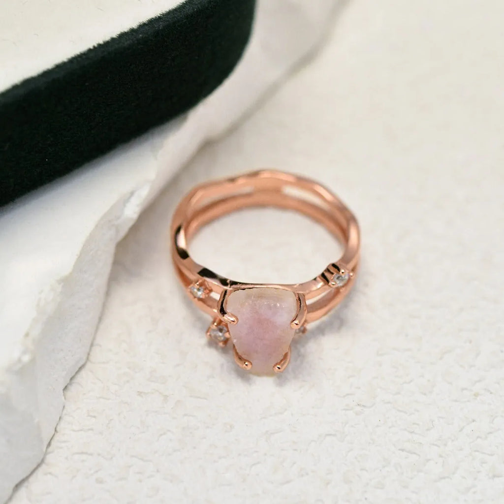 S925 sterling silver irregular triangle ring with moonstone in rose, white, or yellow gold tone.