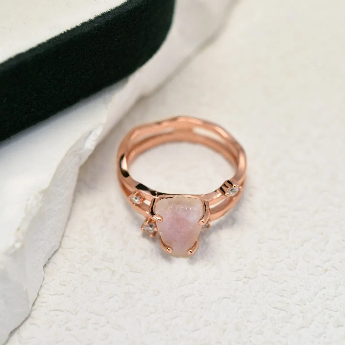 S925 sterling silver irregular triangle ring with moonstone in rose, white, or yellow gold tone.