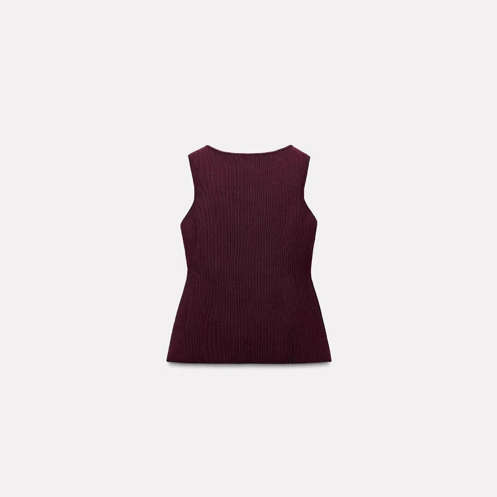 Slim fit dark red viscose sweater vest with a textured 3D pattern, shown on a model.