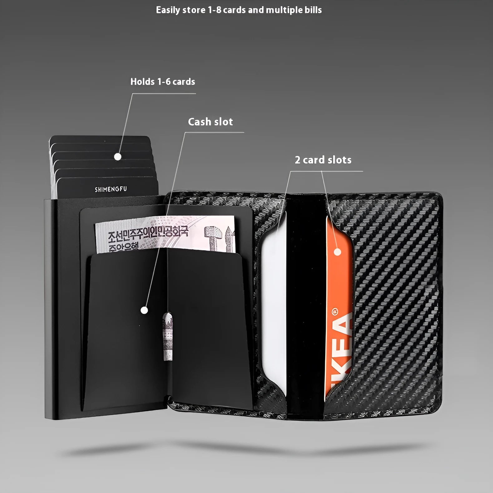 Pop-up aluminium alloy RFID blocking card wallet in retro PU leather, black colour option