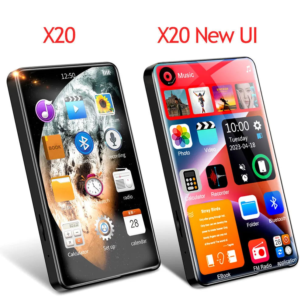 X20 Bluetooth touch screen MP3 MP4 Walkman with 4-inch display, 16GB storage, and black body