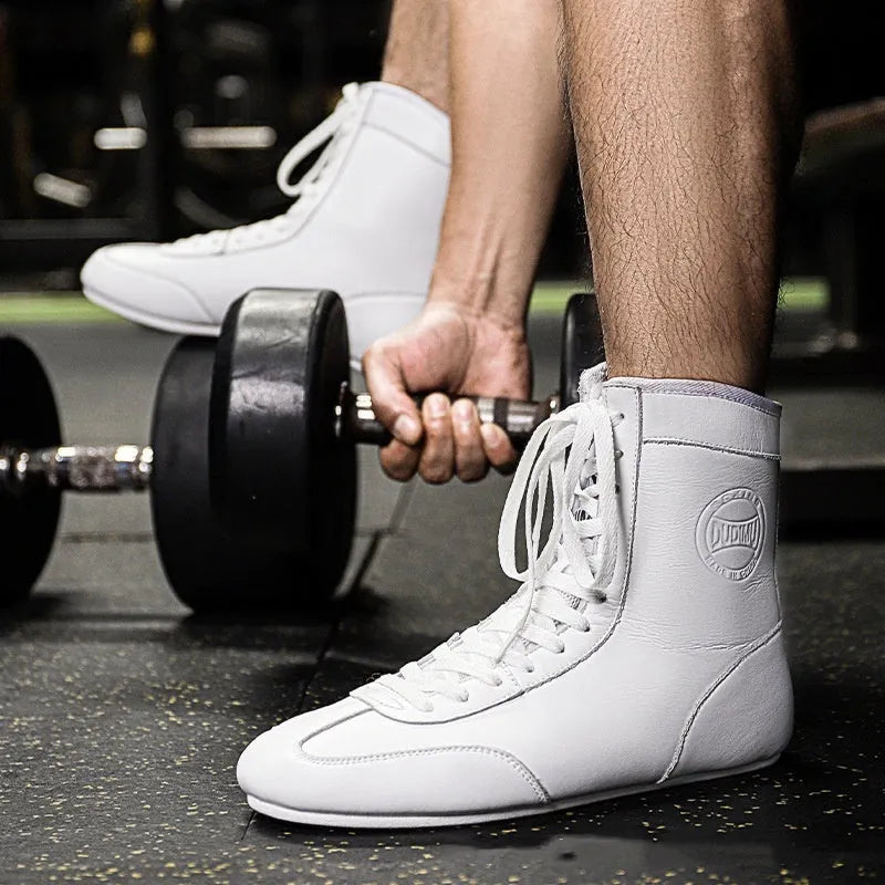 Professional boxing wrestling shoes in black gold mesh and white leather for indoor training