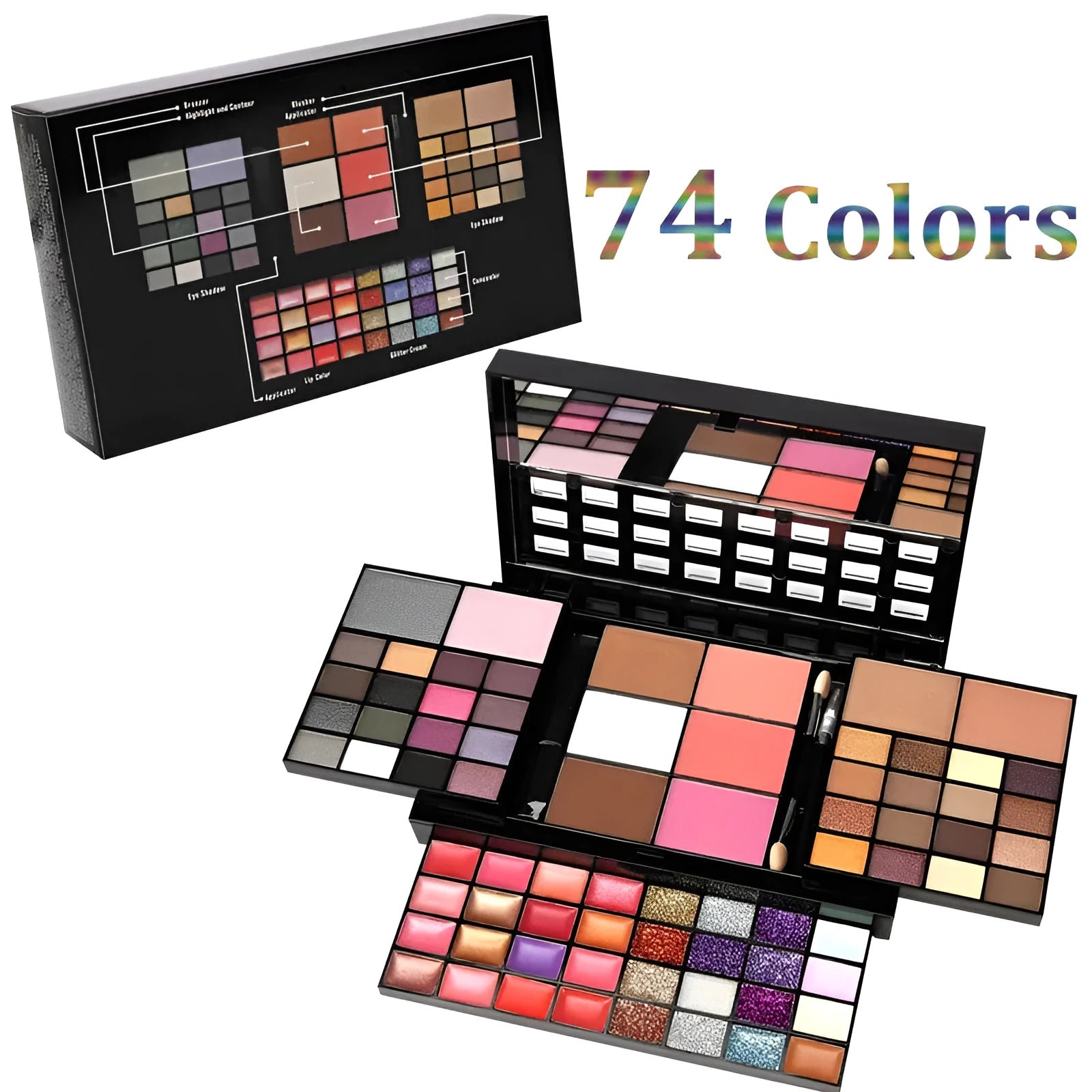 Four-layer 74 colour makeup palette with eyeshadow, lip gloss, and brushes in a plastic case.