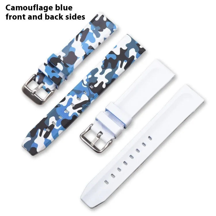 Camouflage silicone watch strap in green, blue, and grey patterns showing flat head lugs and 20mm 22mm 24mm size options