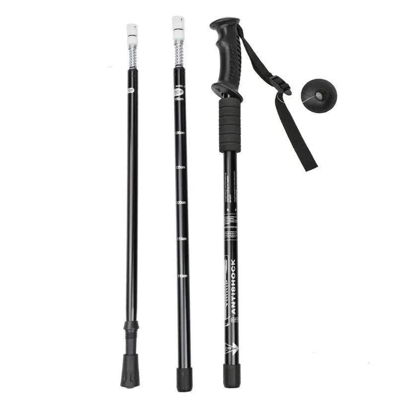 Aluminum alloy three-section adjustable trekking poles in black, red, blue, or silver.