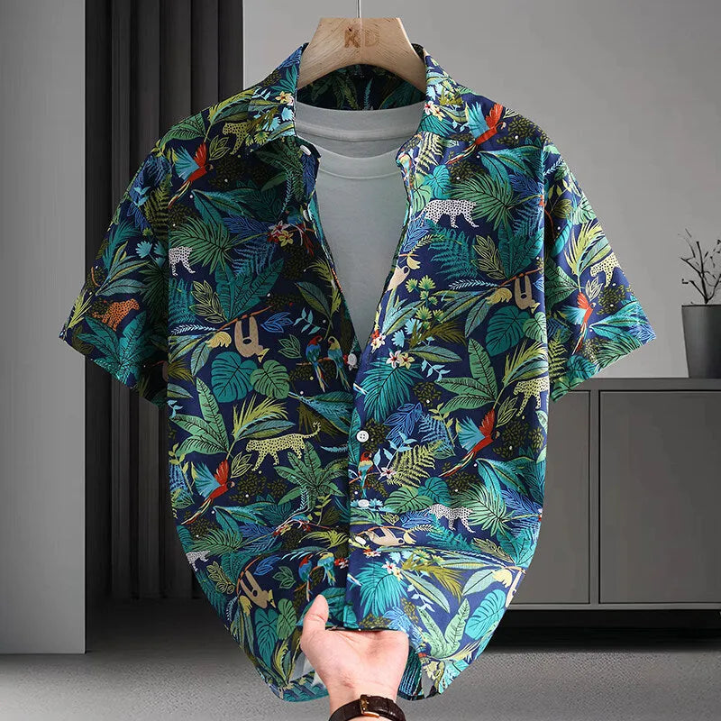 Men's floral printed cotton Hawaiian shirt in a casual cardigan style on a hanger.