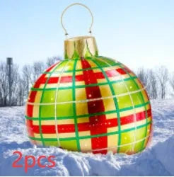 Large red and white striped inflatable PVC Christmas ball ornament with a 60cm diameter.