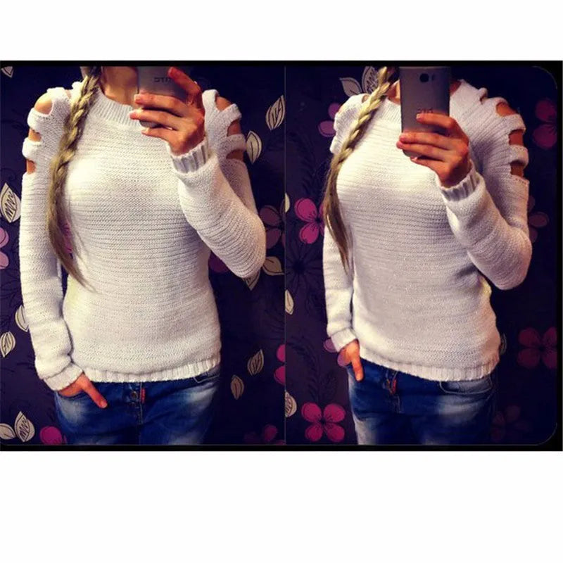Women's white hollow-out crocheted knitted long sleeve pullover shirt.