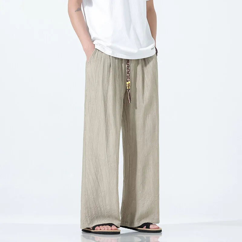 National Style men's straight-leg wide trousers in black, breathable bamboo spandex fabric