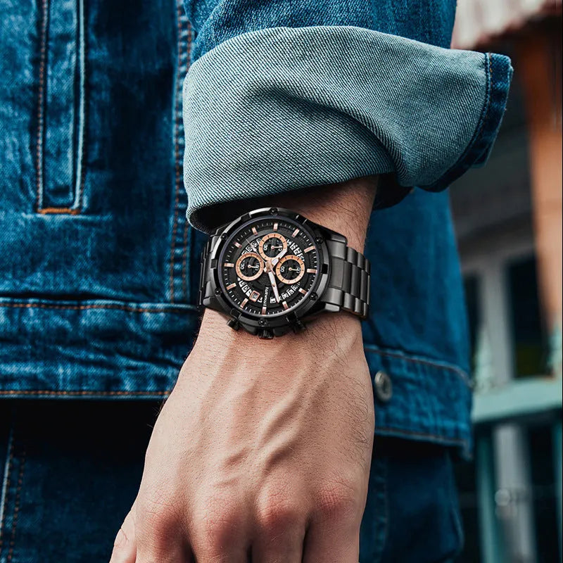 Men's waterproof luminous quartz watch with stainless steel band in black and blue colour option