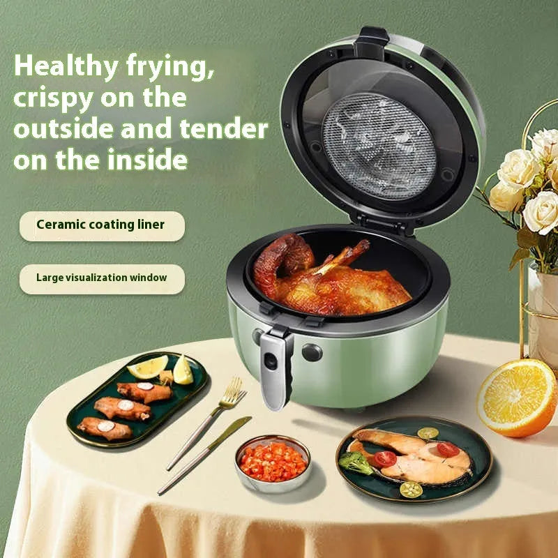 8-litre air fryer oven with mechanical buttons and viewing window on kitchen counter